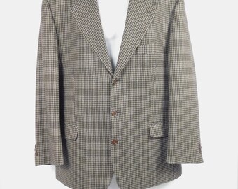 Mens 80s Vintage Gruppo GFT Brown Wool Houndstooth Print Button Up Tailored Lined Suit Blazer Jacket Sports Coat Sz 41R Large