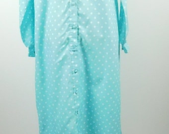 Vintage 80s Light Blue White Polka Dot Print Button Down Peter Pan Collared Shift Long Sleeve Maxi Length Shirt Dress Sz Large