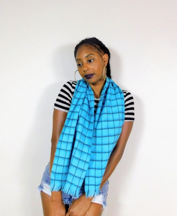 Vintage 90s Turquoise Blue Black Pure Wool Plaid … - image 2