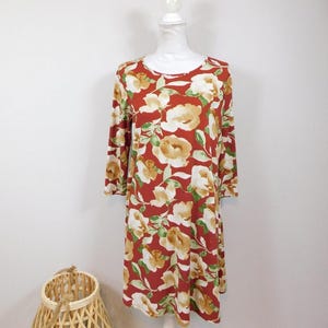 Vintage 00s Burnt Orange Multicolor Floral Flower Leaf Print Scoop Neck Lightweight 3/4 Sleeve A Line Mini Short Dress Sz Large