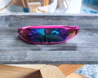 Vintage 00s Colorful Hot Pink Trim Mirrored One Single Piece Robotic UV400 Futuristic Fashion Visor Sunglasses Half Face Sunnies