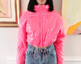 Vintage 00s Neon Pink Patent Leather Puffer Pockets Lined Oversize Cropped Long Sleeve Full Zip Up Coat Bomber Jacket Sz Small