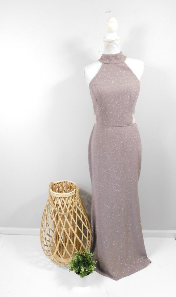 Vintage 00s Taupe Bronze Sparkle Glitter Caged Strappy Back Maxi Formal Mock Neck Sleeveless Cocktail Dress Gown Sz 11 Large Vintage 00s Taupe Bronze Sparkle Glitter Caged Strappy Back Maxi Formal Mock Neck Sleeveless Cocktail Dress Gown Sz 11 Large