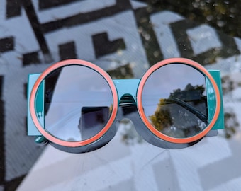 Vintage 00s Dark Green Orange Round Shaped Colorblock Large Black Tinted Fashion Plastic Frame Sunglasses Lens Glasses Eyewear