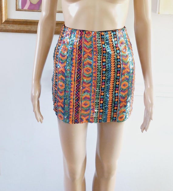 Vintage 00s Black Neon Colorful Sequin Beaded Tribal Print High Waist Lined  Polyester Party Short Mini Length Bodycon Skirt Sz Small