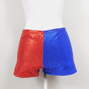 Vintage 90s Blue Red Sequin Beaded Sparkle Half And Half Elastic High Waist Stretch Hot Booty Dancewear Costume Shorts Pants Sz Xs