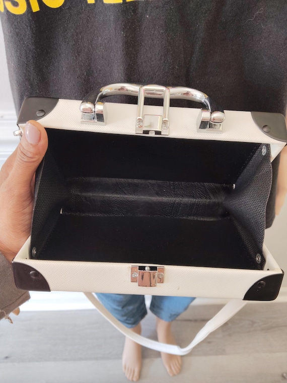 Vintage 00s White Black Radio Boombox Print Faux Leather Silver