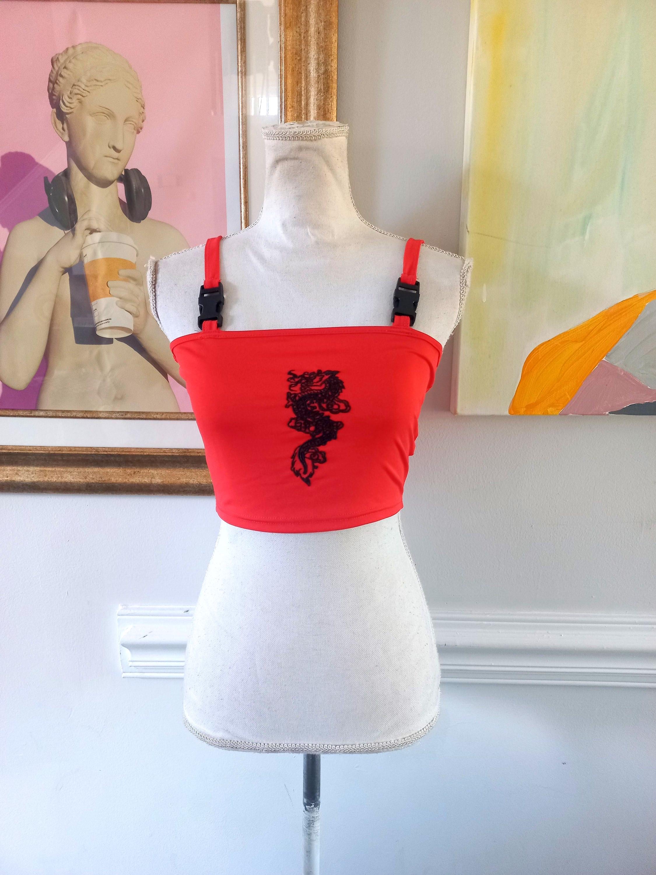 Vintage 00s Chinese Embroidered Dragon Print Red Black Graphic