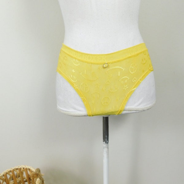 Vintage 90s Joe Boxer Yellow Lace Sheer High Waist Smiley Face Peace Sign Print Underwear Lingerie Pajama Bloomer Sz Large