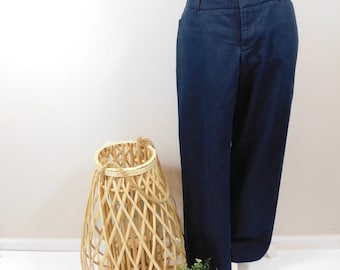 Mélange de coton denim bleu foncé délavé vintage des années 90 taille basse Stretch jambe large minimale cloche bas Jeans pantalon pantalon Sz 6 petit