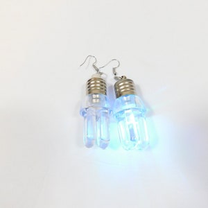 Vintage 90s Light Bulb Clear LED Silver Metal Party Statement Long Drop Hook Earrings Costume Jewelry Fashion Accessory