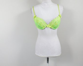 Vintage 90s Lime Green Floral Flower Print Lace Padded Pushup Bra Underwire Ribbon Bow Adjustable Straps Lingerie Sz 34B