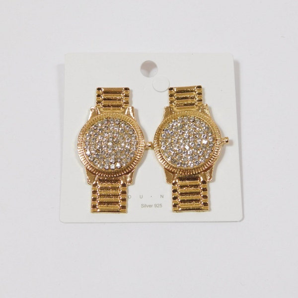 Vintage 90s Wrist Watch Clock Time Gold Diamond Crystal Metal Long Drop Unique Stud Earrings Costume Jewelry Fashion Accessory