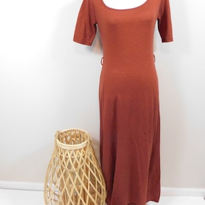 Vintage 00s Burnt Orange Brown Horizontal Striped Print Knitted Boat Neck Ribbed Short Sleeve Long Maxi Length Dress Sz Medium