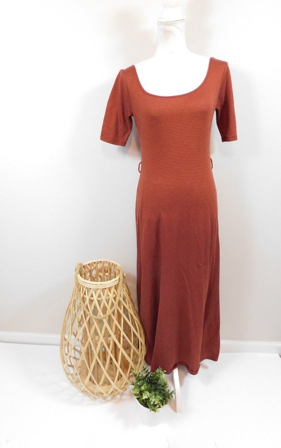 Vintage 00s Burnt Orange Brown Horizontal Striped Print Knitted Boat Neck  Ribbed Short Sleeve Long Maxi Length Dress Sz Medium - Etsy