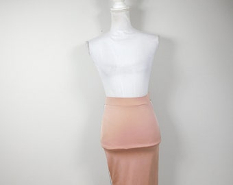 Vintage 90s Mauve Pink Gray Striped Shiny High Elastic Waist Pencil Straight Minimal Knee Length Skirt Bottom Sz Small