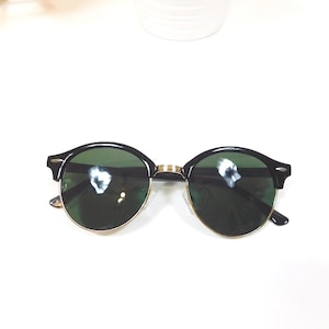 Vintage 00s Malcolm X Black Horn Rim Dark Green Tinted Round Gold Frame Hipster Spectacle Fashion Costume Sunglasses Glasses