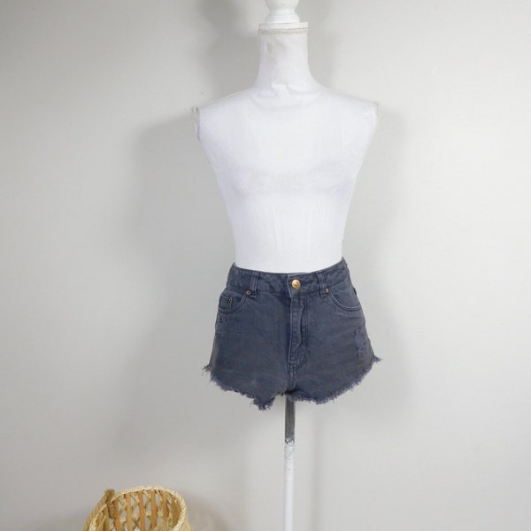 Vintage 1990s Black Faded High Waist Ripped Cotton Cut Off Stretch Jean Denim Minimal Grunge Worn In Booty Shorts Sz 4 Small