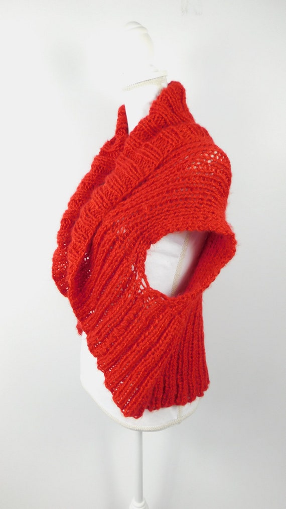 Vintage 90s Bright Red Crocheted Knitted Ribbed S… - image 6