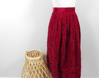 Vintage 80s Dark Red Soft Velvet Pleated Front High Waisted A Line Midi Long Length Full Minimal Winter Skirt Bottom Sz Xs