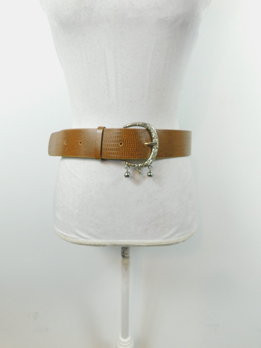 Vintage 1980s Dark Brown Snakeskin Python Print Faux Leather Thick Silver Jingle Bells Buckle