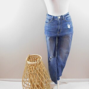Vintage 00s Dark Blue Wash Denim White Ripped Knee Raw Hem High Waist Stretch Skinny Leg Cotton Blend Pants Jeans Sz 9 Medium