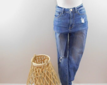 Vintage 90s Dark Blue Wash Denim White Ripped Knee Raw Hem High Waist Stretch Skinny Leg Cotton Blend Pants Jeans Sz 9 Medium