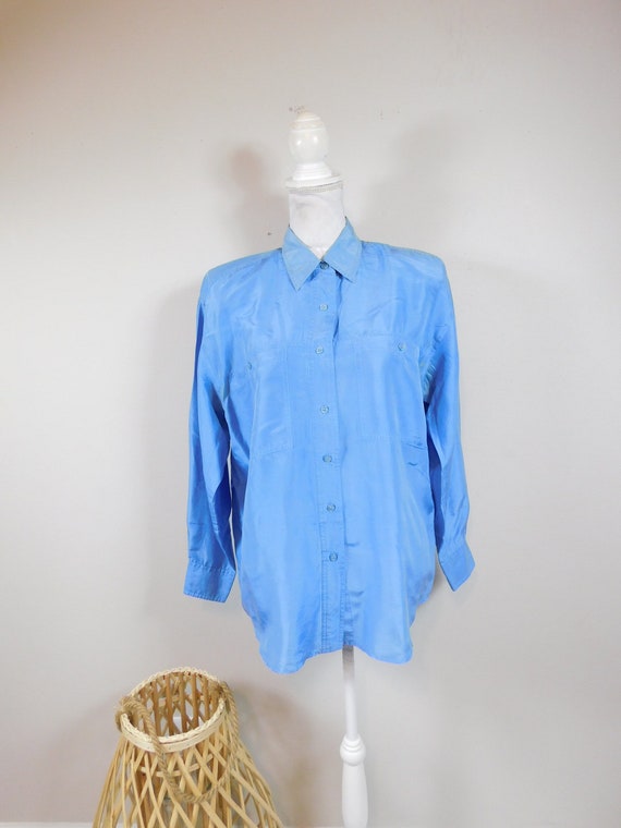 Vintage 80s Erika Periwinkle Blue Real Silk Butto… - image 1