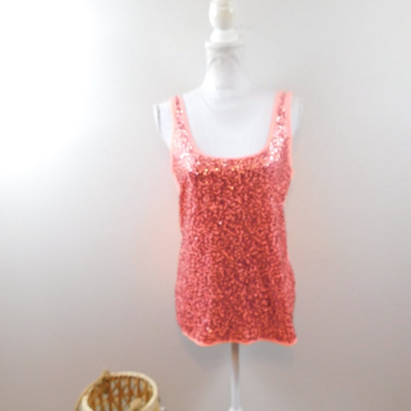 Vintage 90s Neon Coral Pink Sequin Front Sleeveless Disco Formal Scoop Neck Stretch Tank Top Blouse Camisole Shirt Sz Medium