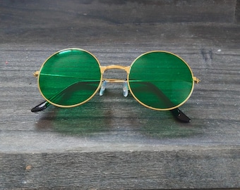 Vintage 00s Green Gold Tinted Big Round Metal Frame Hippie Fashion Spectacle Lens Transparent Costume Sunglasses Glasses Sunnies