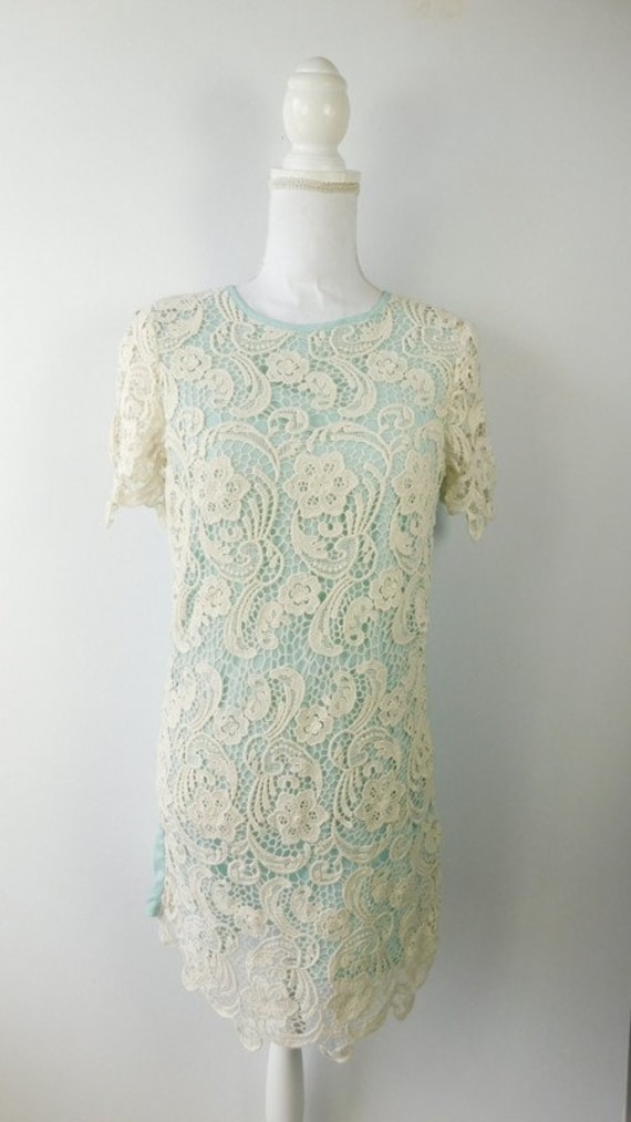 Vintage 90s Mint Green Ivory Floral Print Crochet… - image 1