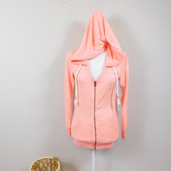 Vintage 90s Neon Orange Solid Drawstring Rope Tie Zipper Up Pockets Long Sleeve Minimal Jacket Hoodie Sweatshirt Sz Small