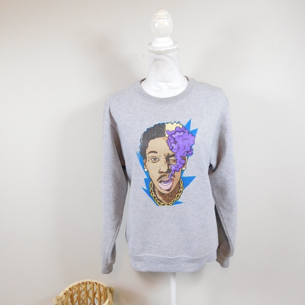 Vintage 90s Wiz Khalifa  Rapper Face Graphic Smoking Light Gray Ribbed Soft Crewneck Long Sleeve Sweater Sweatshirt Sz Small