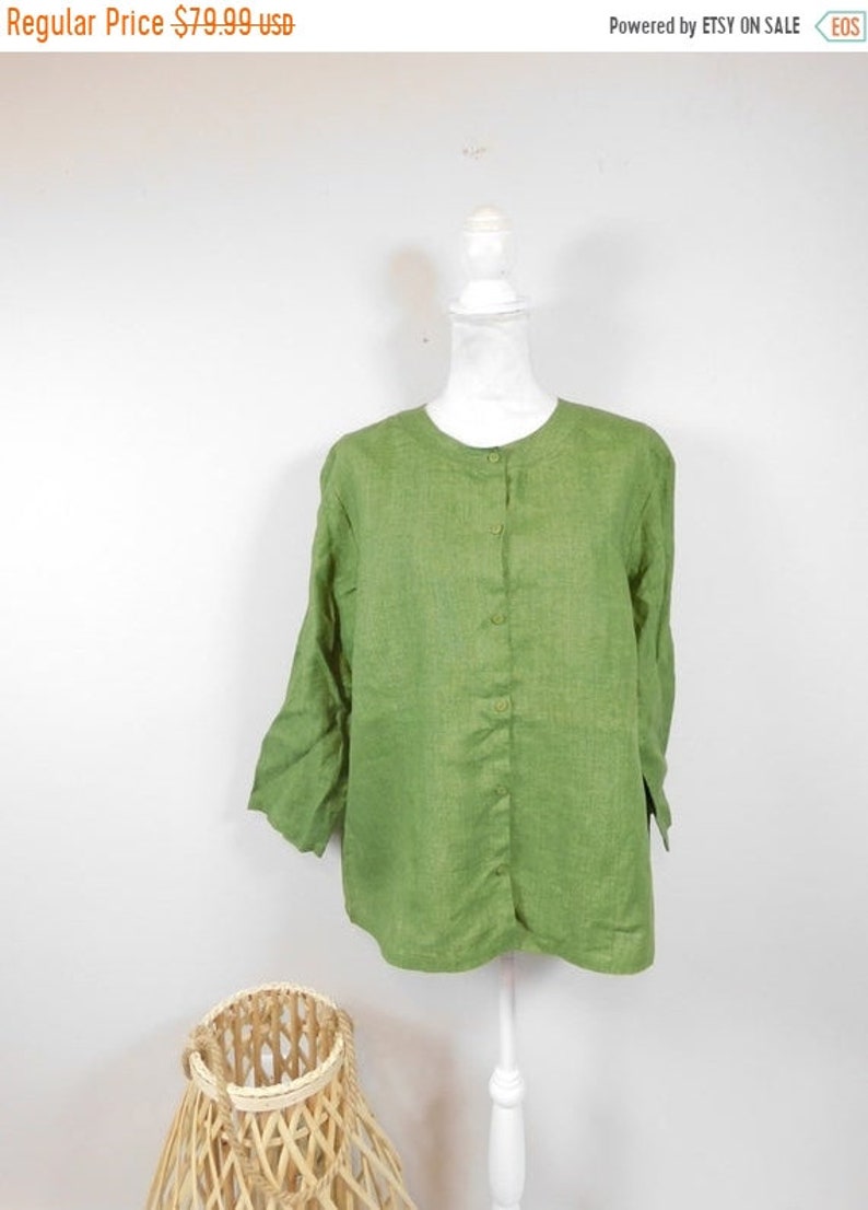 50/% OFF SPRING SALE Vintage Eileen Fisher Green Irish Linen Solid Button Down Collared Minimalist Long Sleeve Shirt Top Blouse Xl Plus Size