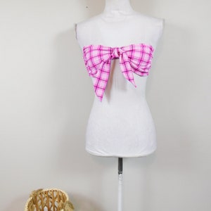 Vintage 00s Bright Hot Pink Black Plaid Print Bandeau Bikini Bow Tie Bra Top Strapless Swim Bathing Suit Swimwear Sz Medium