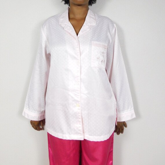 Vintage 80s Miss Elaine Light Pink Embroidered Floral Geometric Print Button up Pajama Long Sleeve Sleep Shirt Top Sz Medium Etsy UK