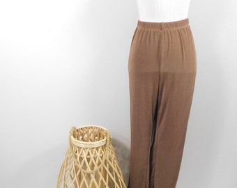 Vintage 90s Mocha Brown Slinky Ribbed Stretch High Waist Straight Leg Minimal Slacks Pants Trousers 16/Xl Plus Size Long