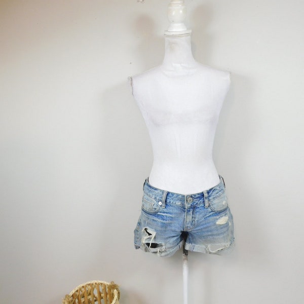 Vintage 90s American Eagle Cut Off Ripped Jean Blue Wash Mid Rise Waist Stonewash Denim Cuffed Hem Booty Shorts Bottom Sz 0 XS