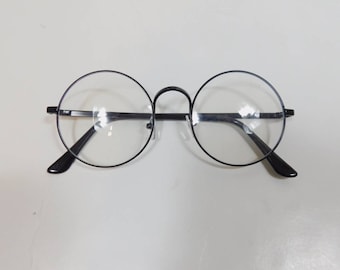 Vintage 00s Clear Black Round Big Spectacle Metal Frame Transparent Classic Standard Fashion Costume Sunglasses Lens Glasses