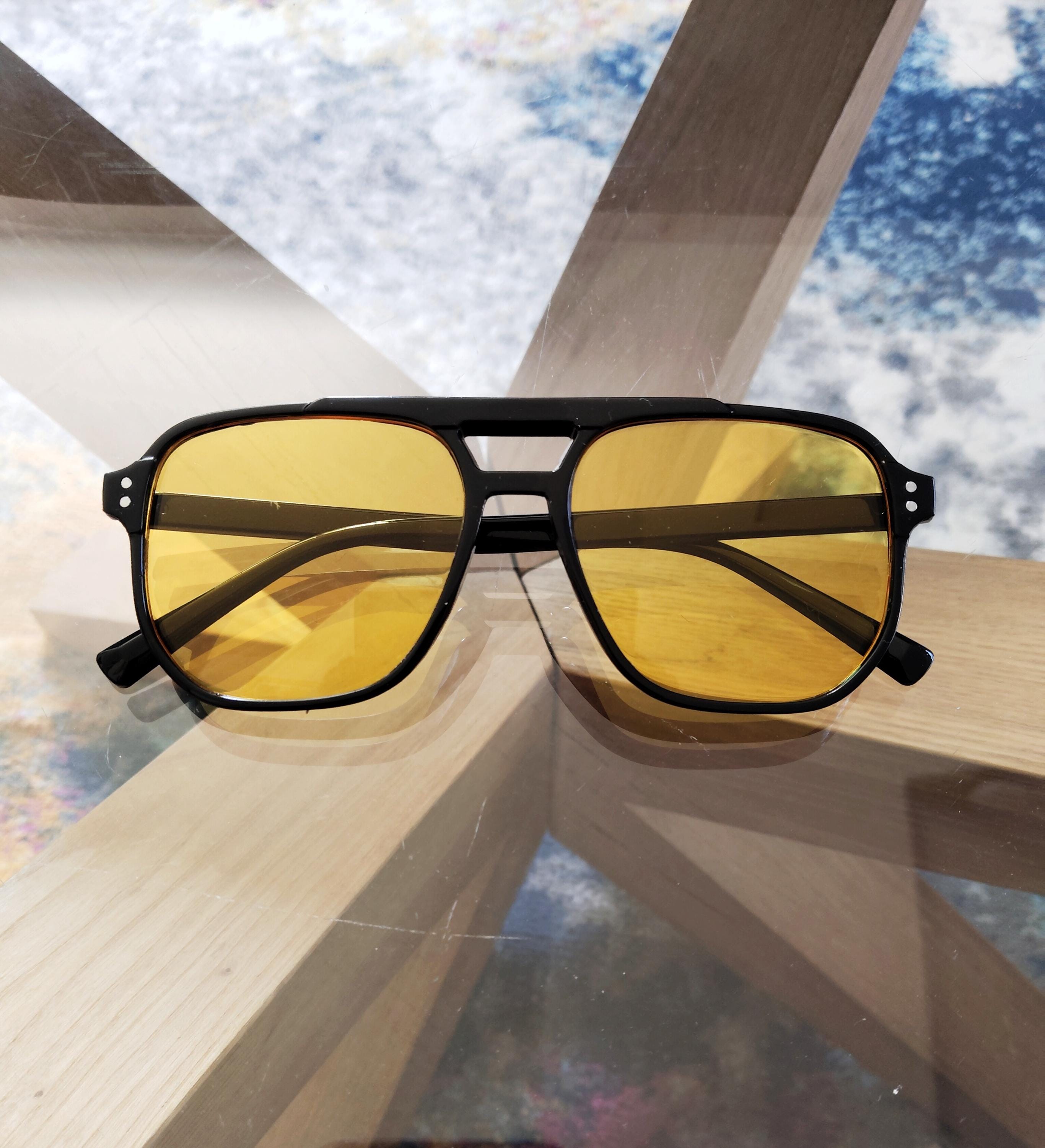 Vintage 00s Yellow Black Tinted Big Square Transparent Two Tone