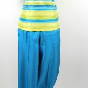 Vintage 80s Sag Harbor Lime Green Blue Striped Print Shiny Button Down Back High Waist Top Trouser Pants 2 pc Suit Sz 12 Large