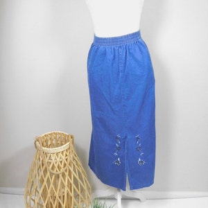 Vintage 80-tals mörkblå jeans med pärlor och blommönster, broderad resår, hög midja, slits fram, midi-lång kjol, storlek 16/XL, plus storlek
