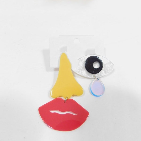 Vintage 90s Colorful Abstract Face Nose Lips Eyes Print Acrylic Pierced Screw Back Earrings Jewelry Fashion Accessory