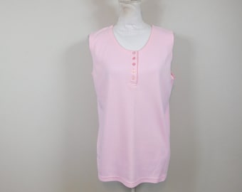 Vintage 80s Light Pink Henley Button Down Ribbed Crewneck Side Slit Stretch Sleeveless Tank Top Blouse Tee Shirt Large