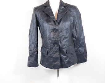 Vintage 80s Chadwicks Black Real Leather 2 Button Down Collared Lined Style Long Sleeve Minimal Jacket Coat Blazer Sz Medium