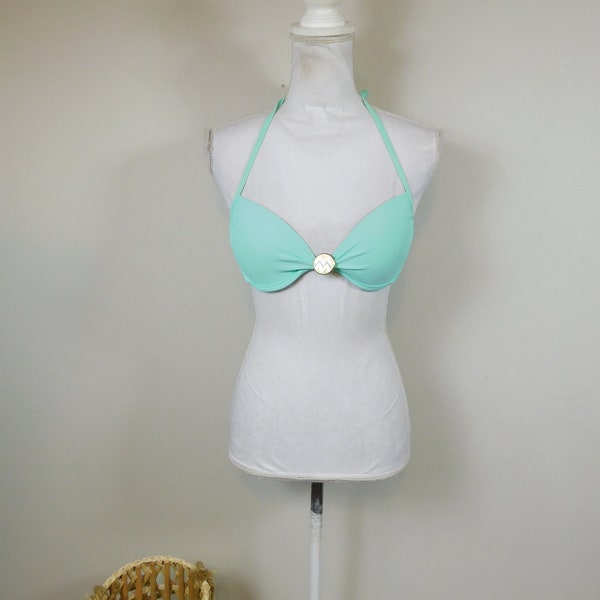 Vintage des années 2000 bleu aqua pastel imprimé chevrons en métal Push Up Bikini dos nu Spandex maillot de bain maillot de bain séparé Sz petit