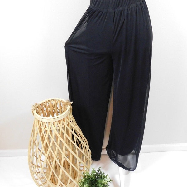 Vintage 90s I.N. Studio Black Chiffon Sheer Polyester High Elastic Waist Evening Lined Boot Leg Pants Trousers Slacks Sz Medium