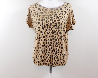 Vintage 90s Cheetah Animal Print Brown Black Ribbed Stretch Crewneck Cotton Blend Short Sleeve Sweater Top Sz XXL/2X Plus Size