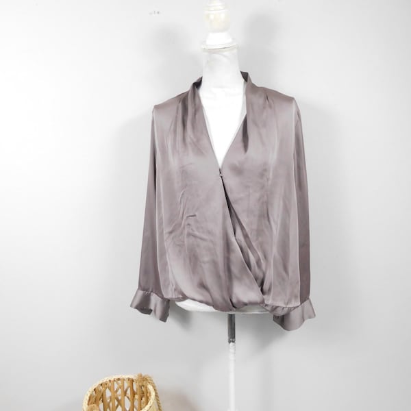 Vintage 90s Taupe Brown Metallic Copper Wrap Front Shiny Polyester Pleated Front Minimal Long Sleeve Blouse Top Shirt Sz Large