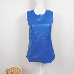 Vintage 00s Royal Blue Faux Leather Pu Gold Back Metal Zipper Flare Crewneck Lined Sleeveless Tank Top Shirt Blouse Sz Small